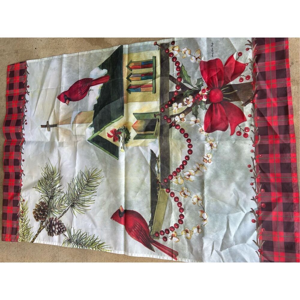 Sandy Lyman Clough Garden Flag Cardinals Birdhouse Christmas (frayed end) 28"x41